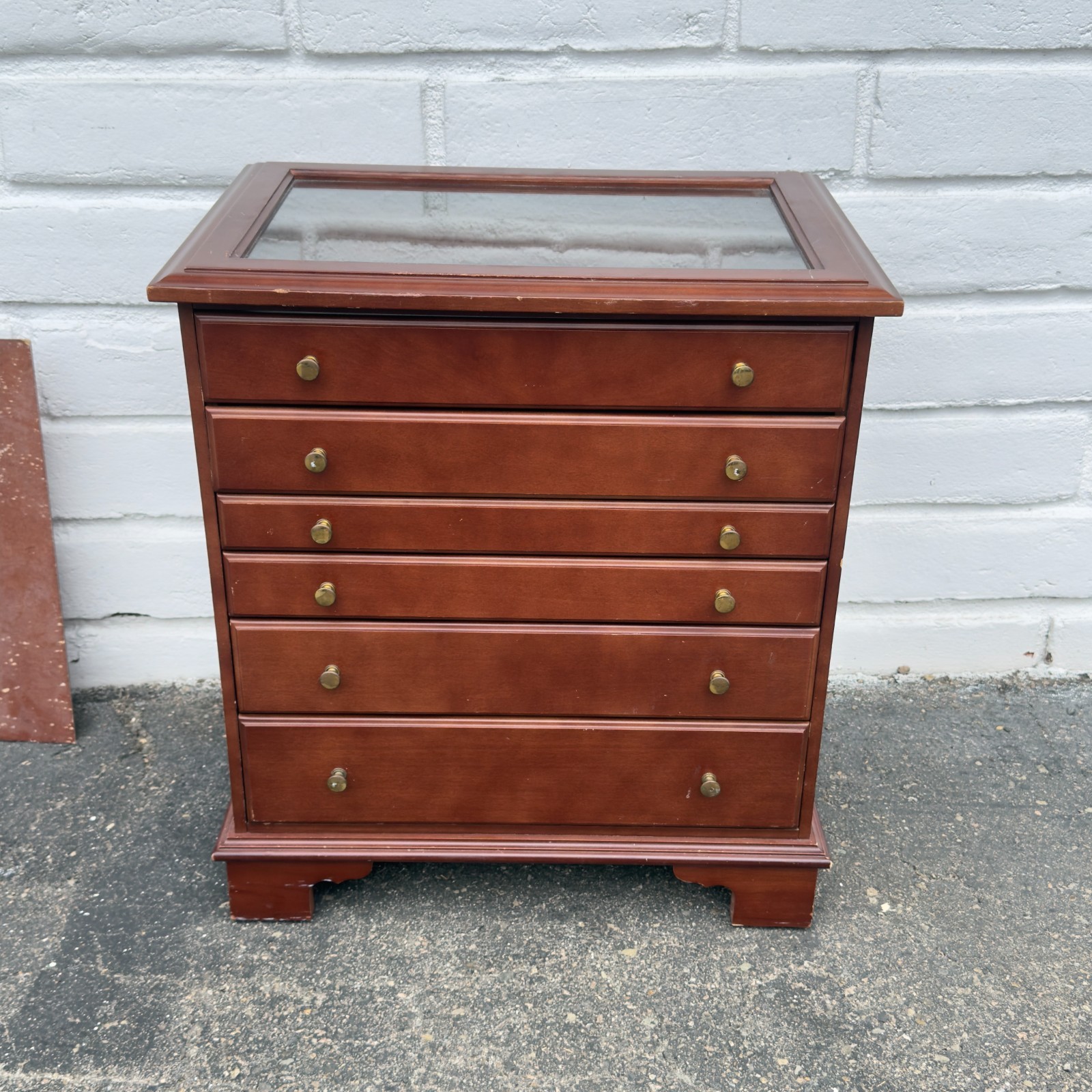 Wood Jewelry Display Cabinet Chest Glass Top 6 Drawers Brass Hardware