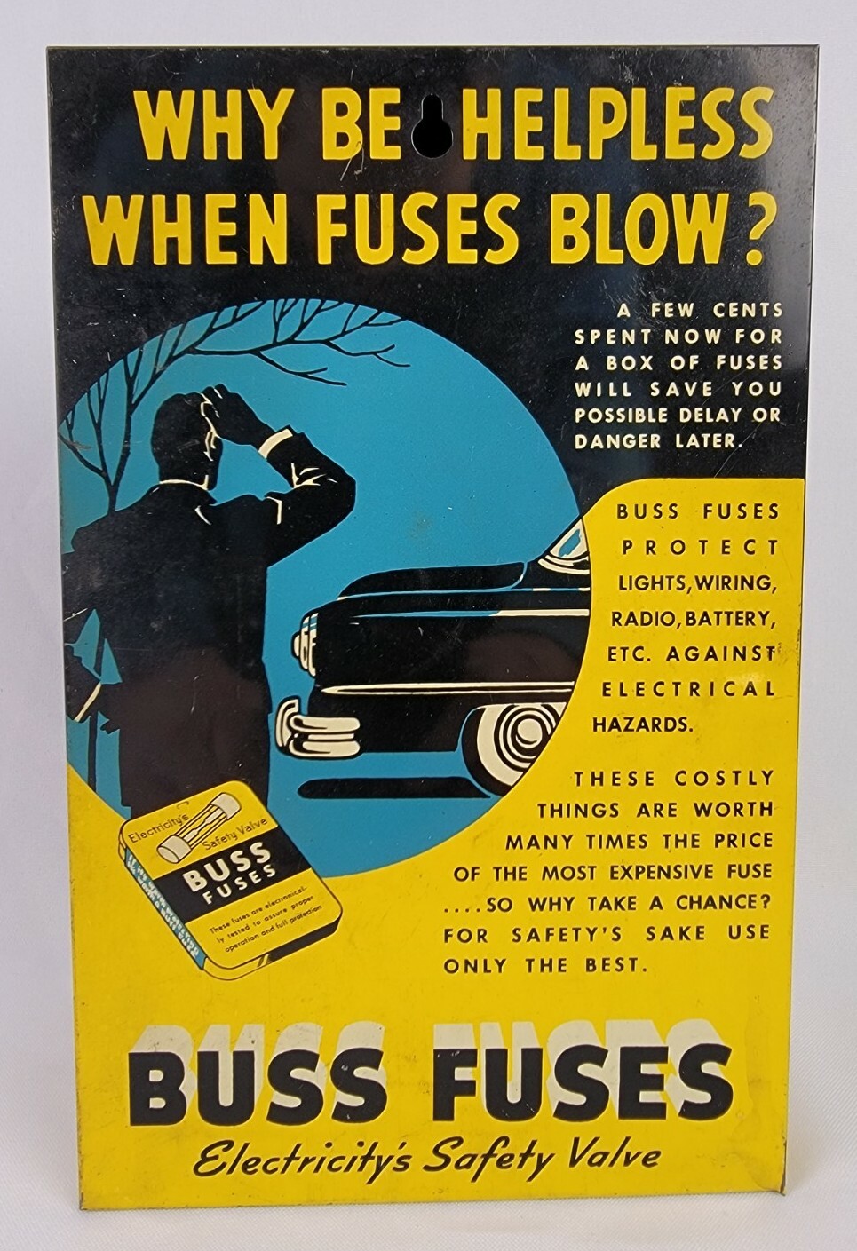 MID-20THC VINTAGE BUSS FUSES AUTO LITHO’D TIN STORE DISPLAY SIGN A13