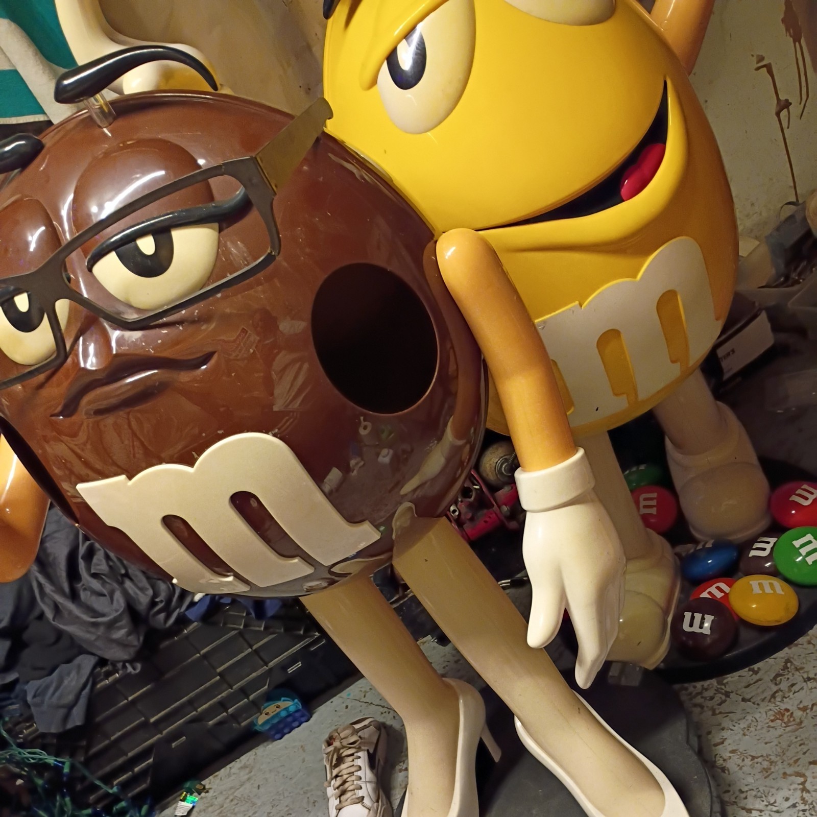 VTG Yellow M&M Candy Store Display Character w/Storage Tray Rolling Wheels 46″