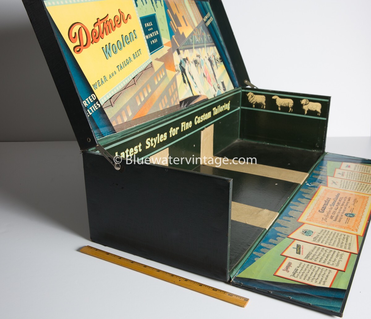 1931 Detmer Woolen Salesman Sample Fabric Display Box Amazing Deco Graphics EX!