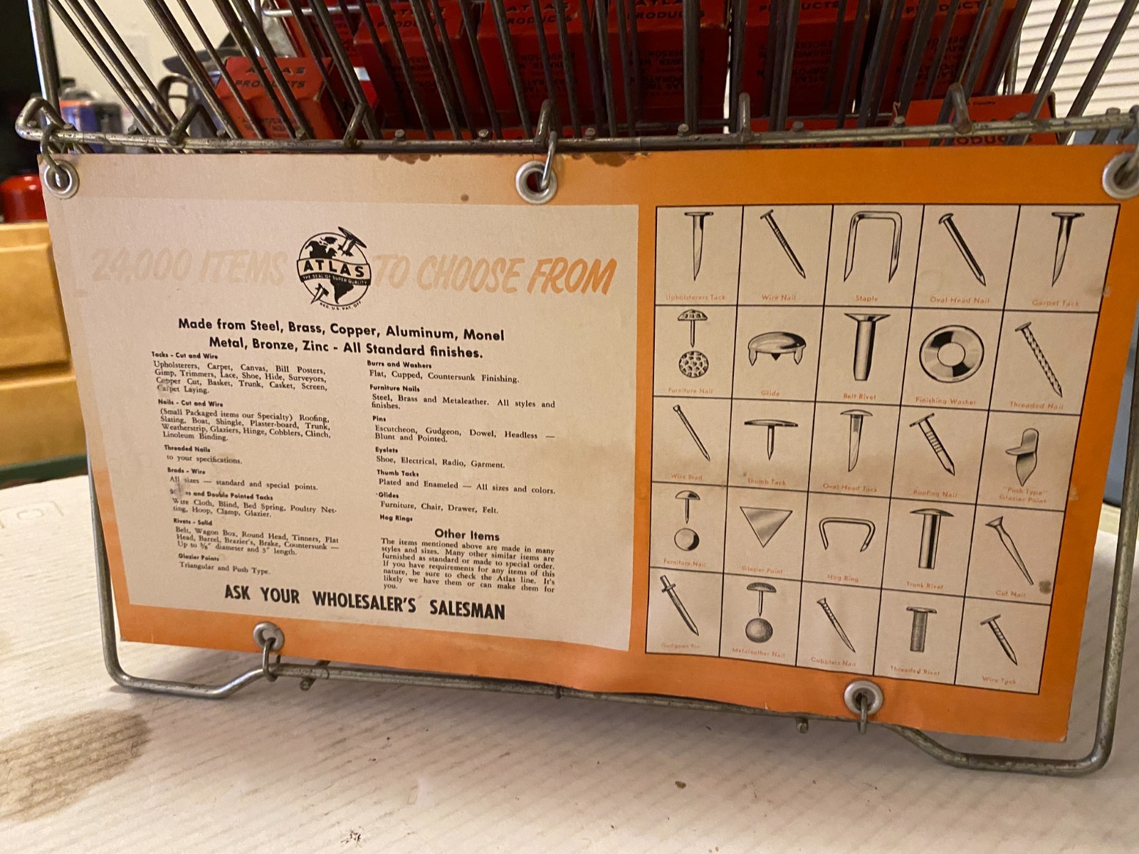 Vintage Atlas Tack and Nail Bar wire rack counter display w/ (65) NOS boxes