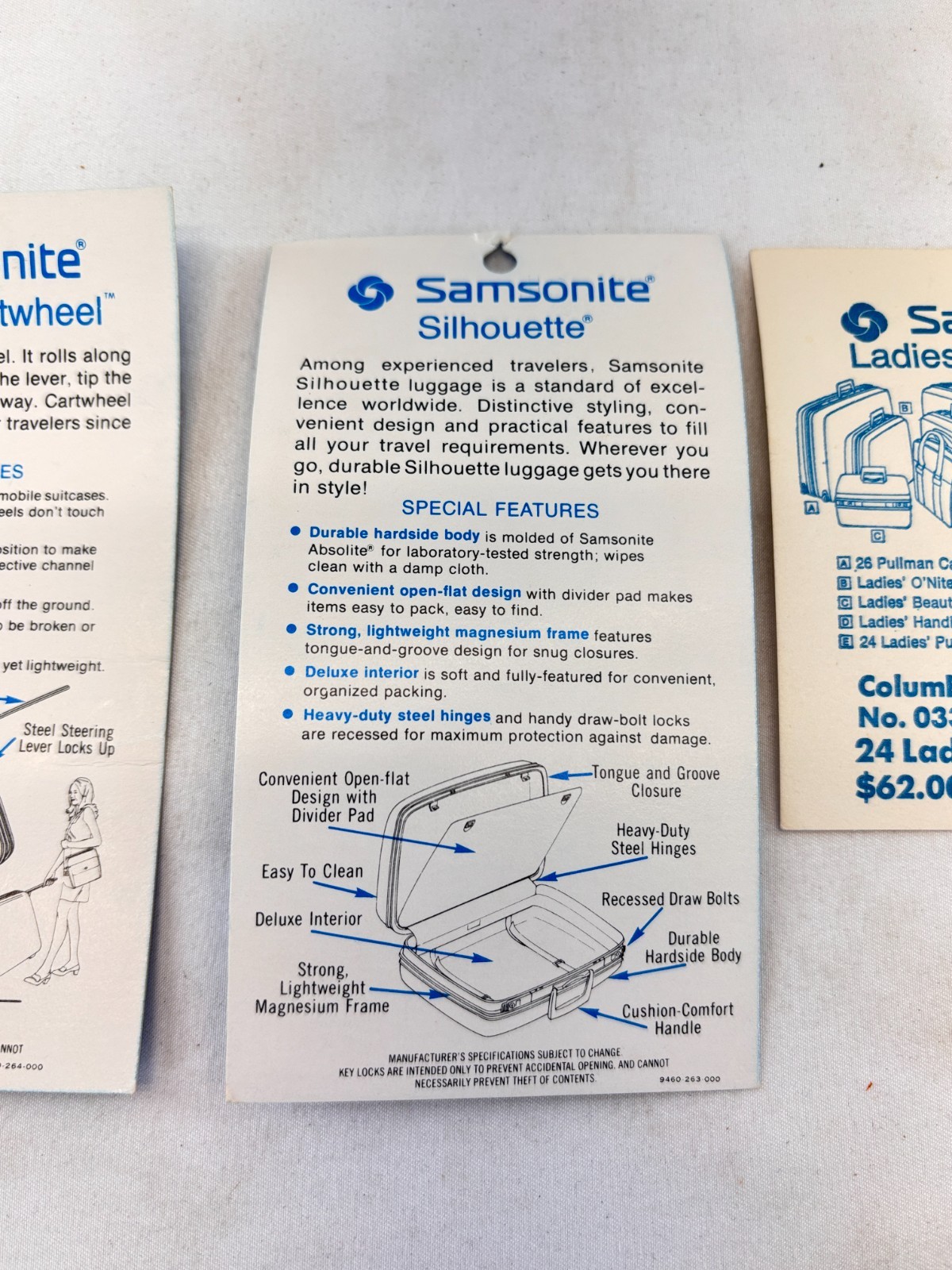 Vintage Samsonite Silhouette Dealer Hang Tags Lot of 5 Columbia Blue Price Tags