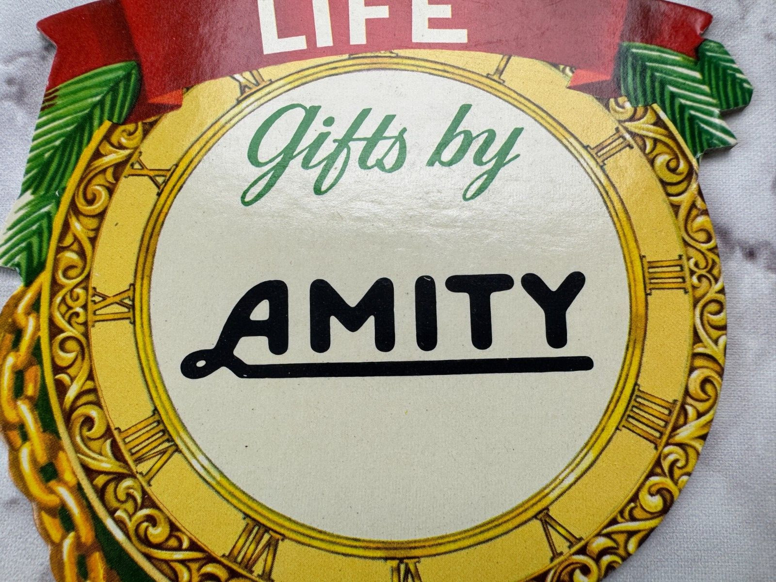 Vintage AMITY Advertising Small Cardboard Store Display Pocket Watch Shaped