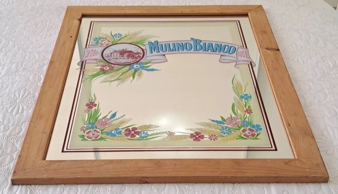 ADVERTISING MIRROR SIGN FRAME-WHITE MILL WITH WOOD FRAME-VINTAGE