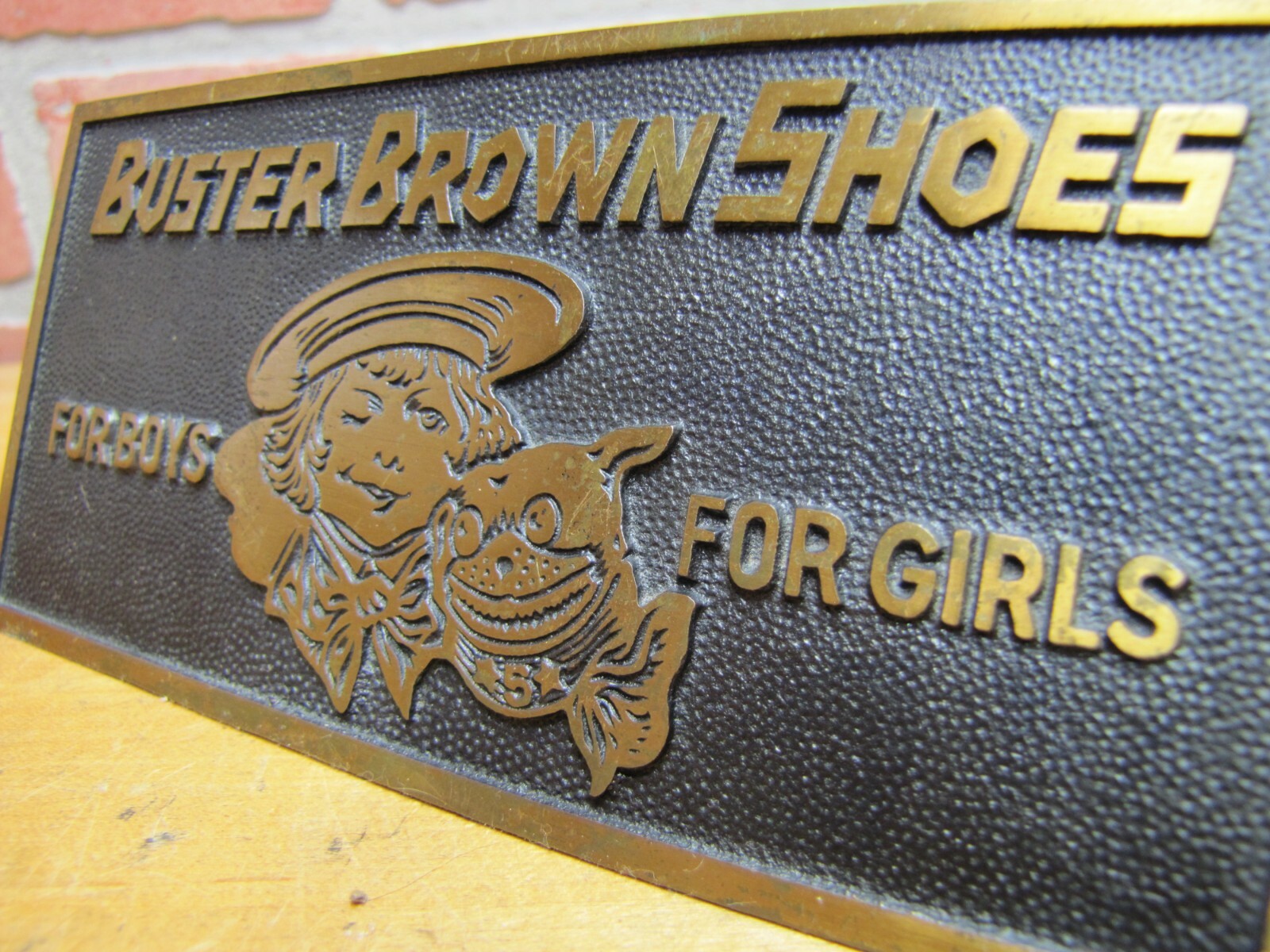 BUSTER BROWN SHOES FOR BOYS GIRLS c1930s Store Display Sign BOSTONIAN BRONZES