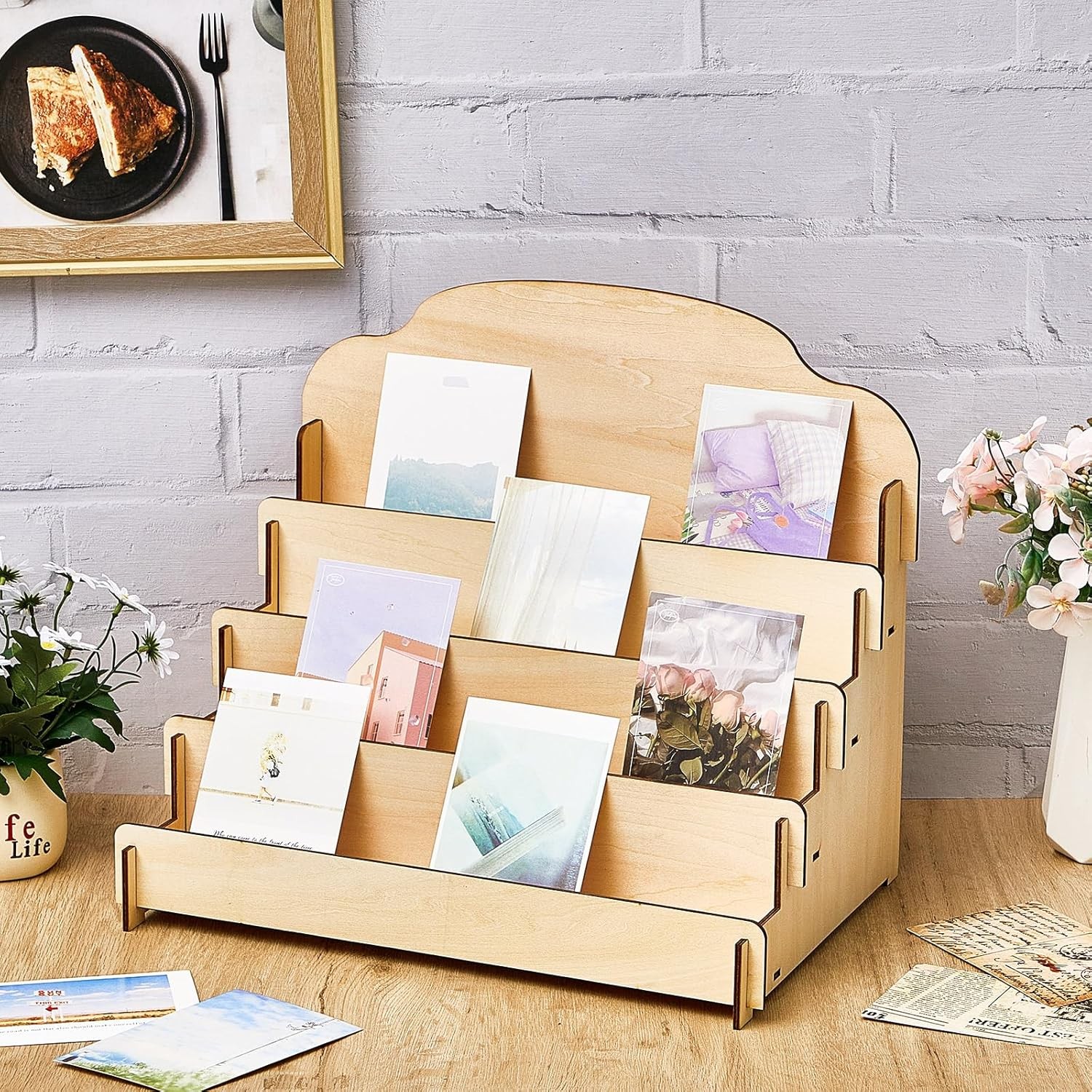 2 Pcs 4 Tier Greeting Card Display Stand Wooden Sticker Display Stand Portable
