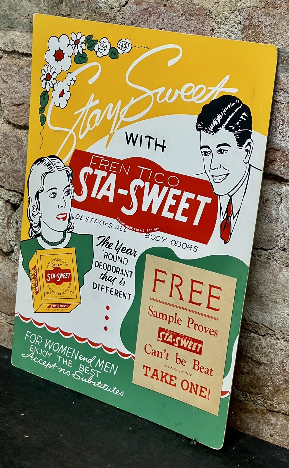 Vintage 1950’s STA-SWEET Deodorant Advertising Counter Display Card Board Sign
