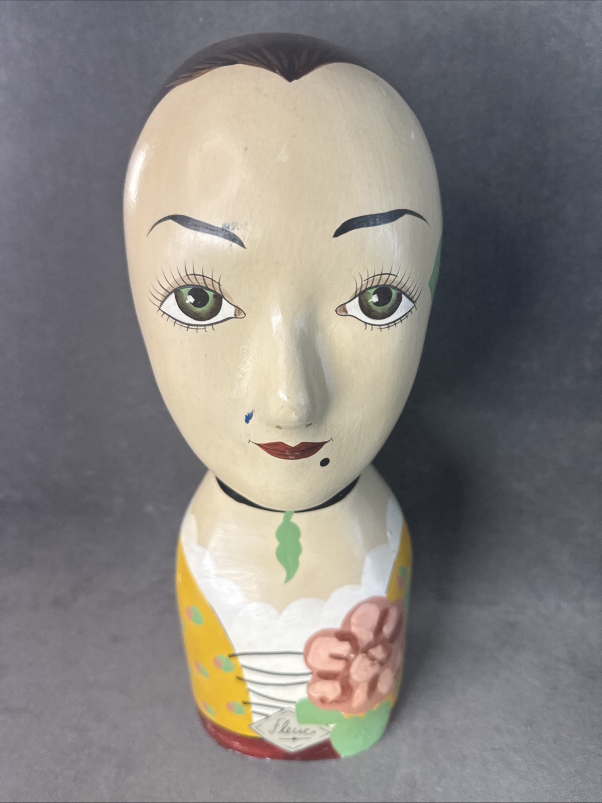 Vintage Hand Painted Millinery Plaster Head- Mme “Fleurs” Made In Philippines