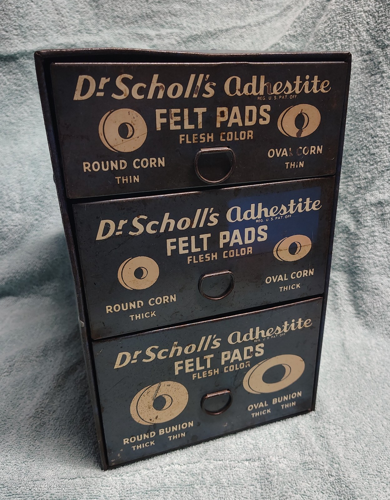 Vintage Metal Dr Scholls 3 Drawer Corn/Bunion Pad Store Advertising Display Case