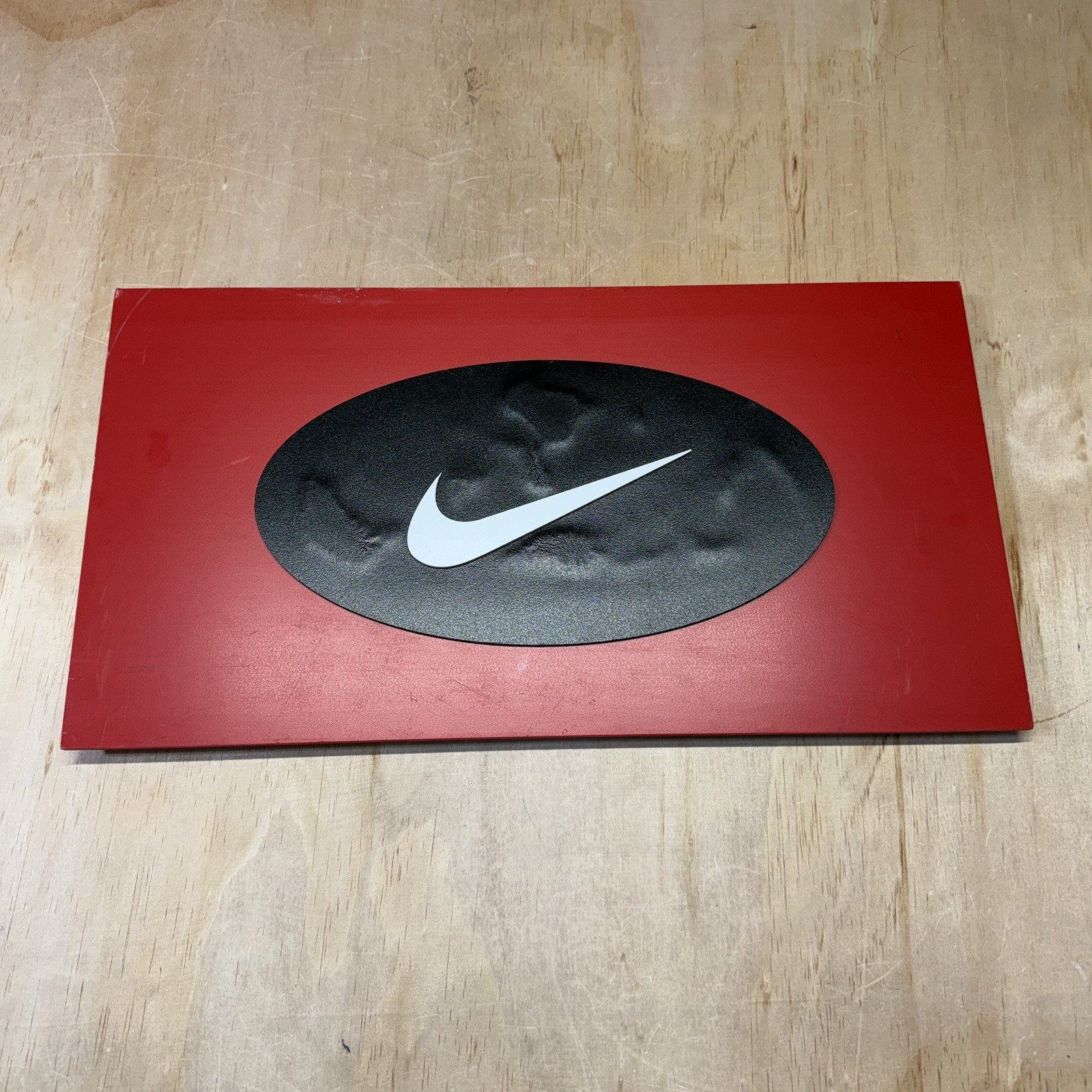 Vintage Nike Store Swoosh Logo Wooden Display Sign Made in USA Red Black 22”x11”