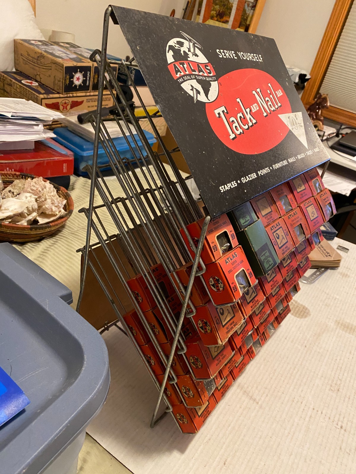 Vintage Atlas Tack and Nail Bar wire rack counter display w/ (65) NOS boxes