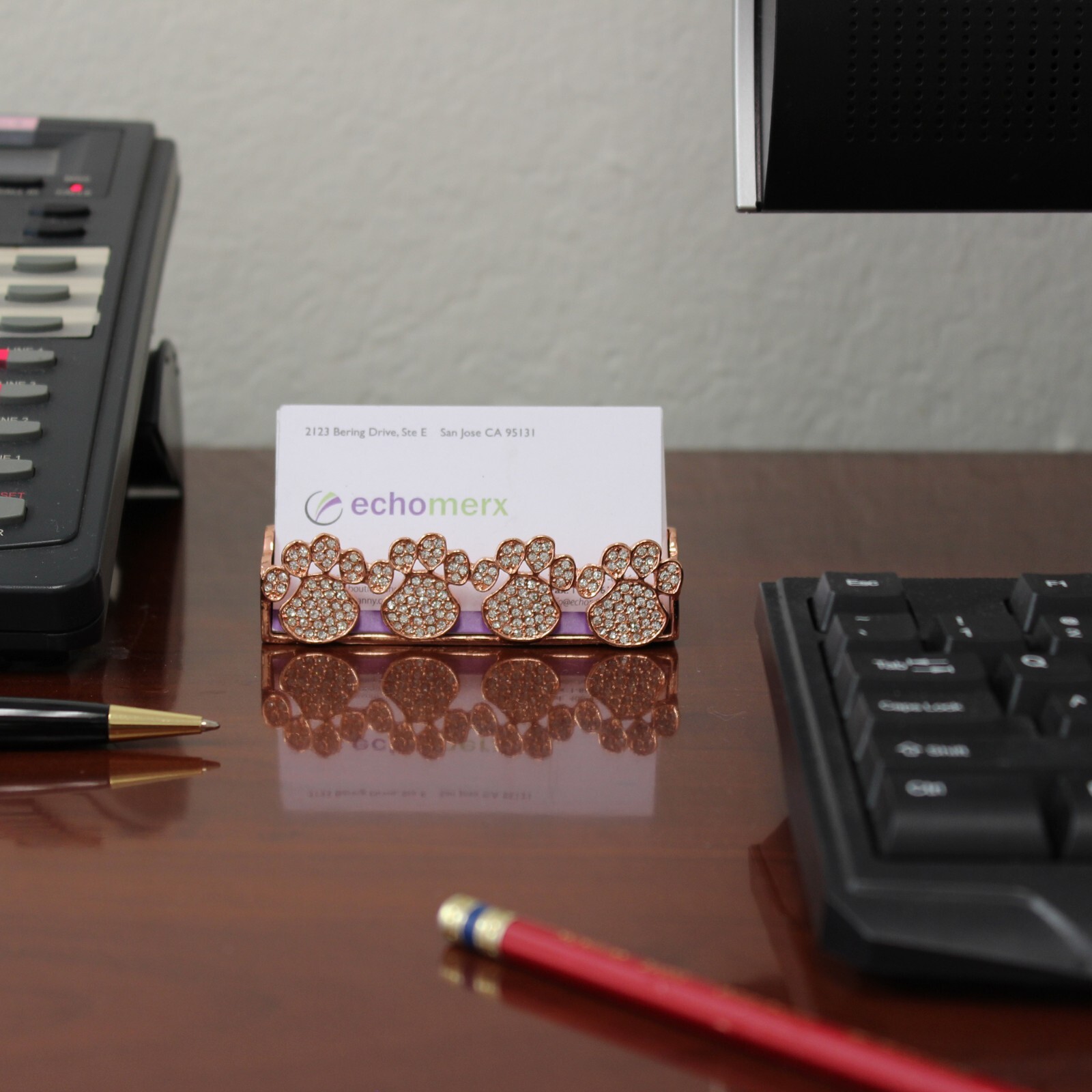 Bejeweled Paw Print Business Card Stand Holder Bling Crystals Animal Pet Lovers
