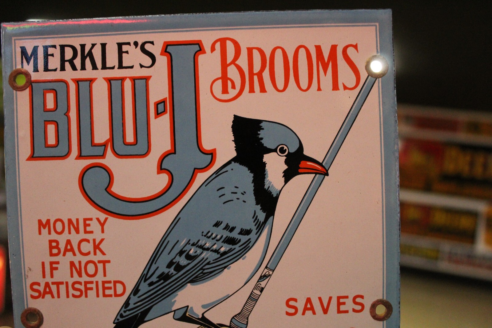 RARE MERKLE BLU-J BROOM DEALER PORCELAIN METAL SIGN BIRD CLEANING HARDWARE STORE