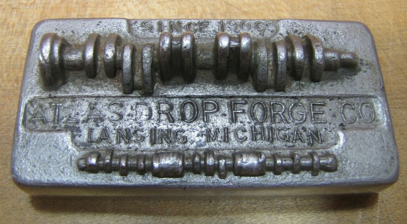 ATLAS DROP FORGE Co LANSING MICHIGAN Old Advertising Paperweight Crank Camshaft