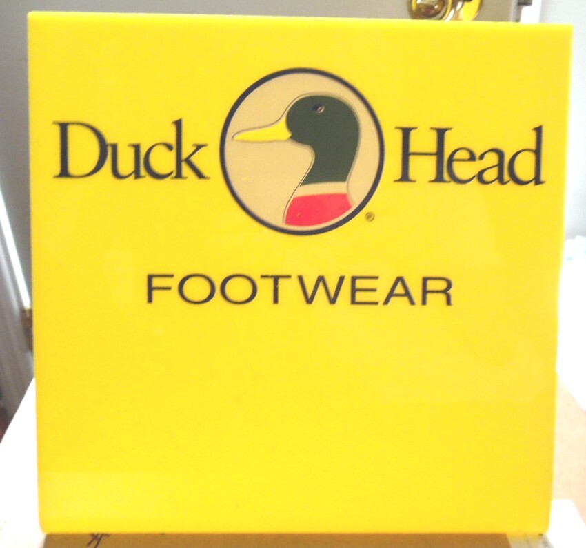 DUCK HEAD Shoes Sign Thick yellow plastic, Vintage Counter or Desk sign, Stands