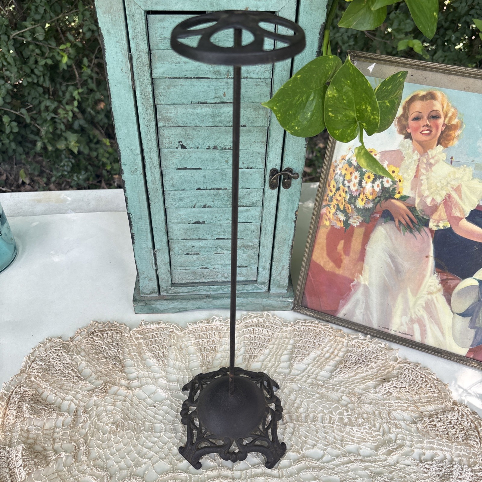 Antique Cast Iron Millinery Hat Stand 16″ Victorian Tabletop Wig Display Holder
