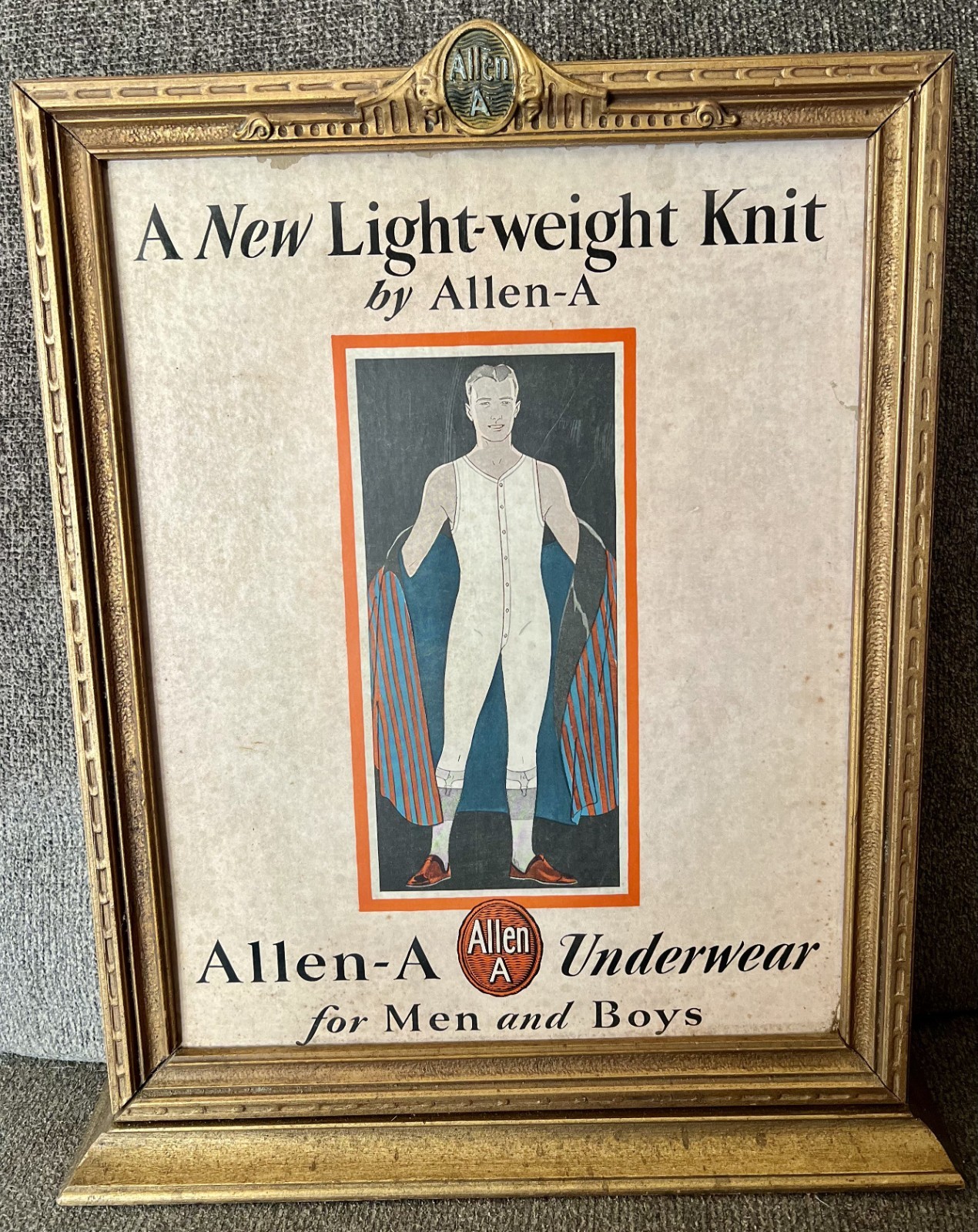 VINTAGE 1930’s ALLEN-A MENS UNDERWEAR ART DECO FRAME W/ AD STORE DISPLAY SIGN