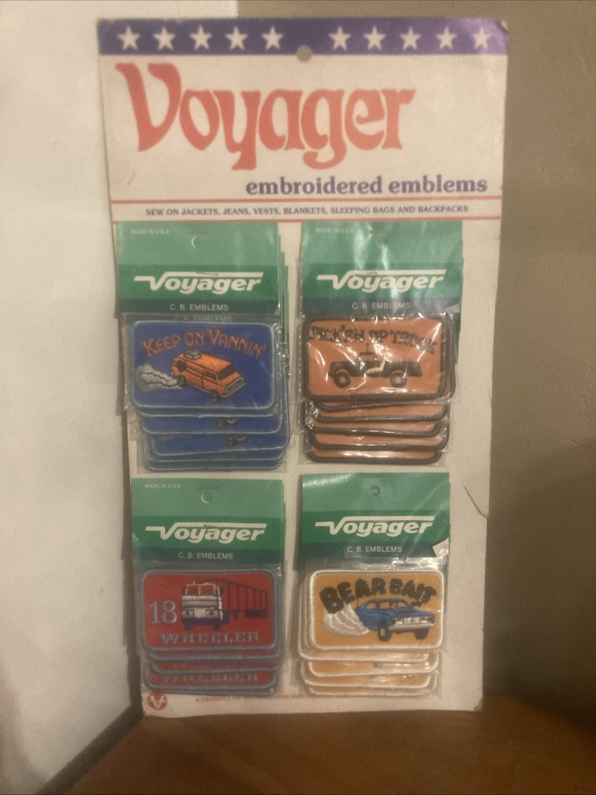NOS Vintage Voyager Patches Store Display With 24 Patches C.B Emblems