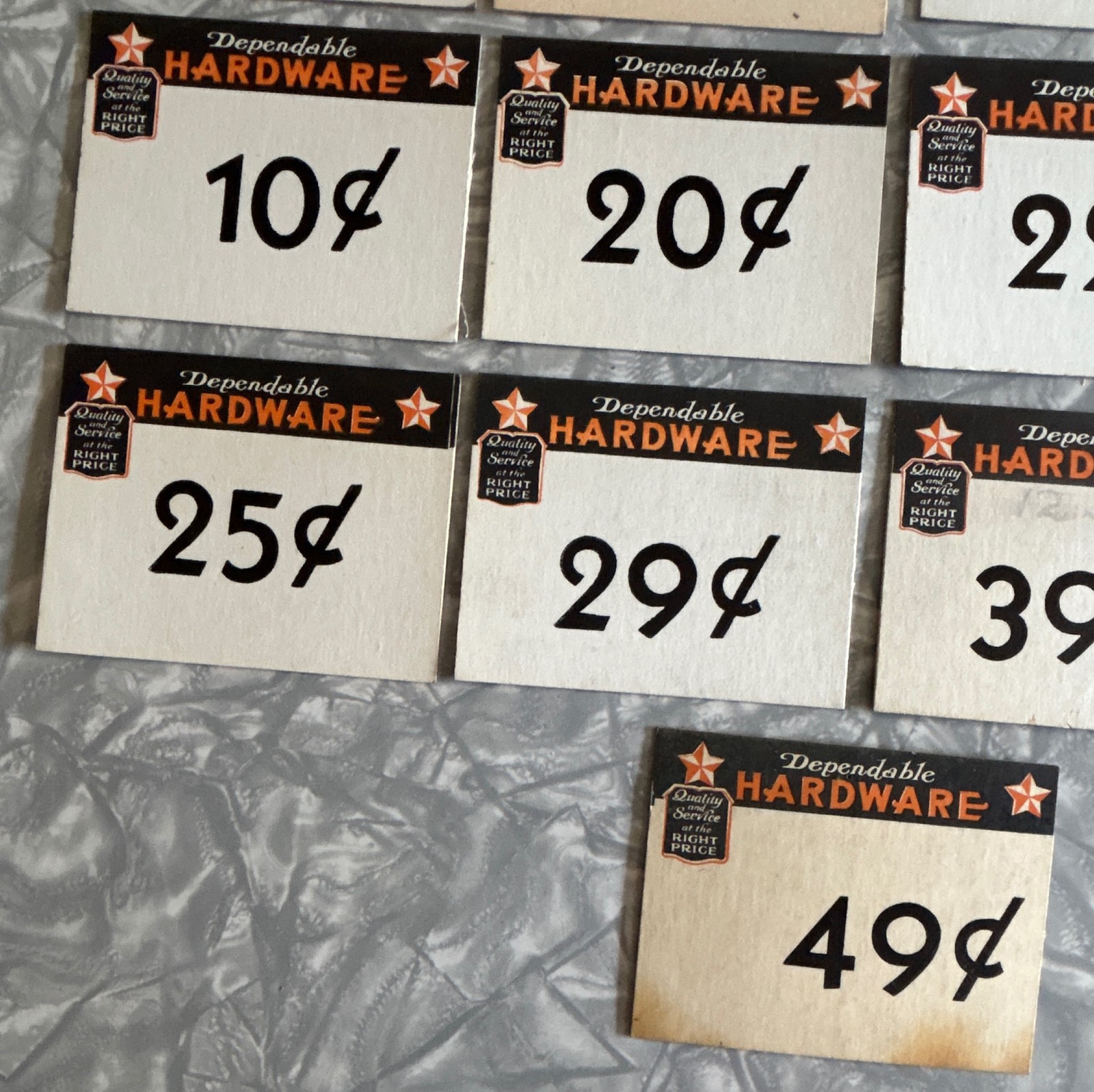 17 DIFF CIRCA 1920’S DEPENDABLE HARDWARE STORE PRICE TAGS CANDY BARS JARS