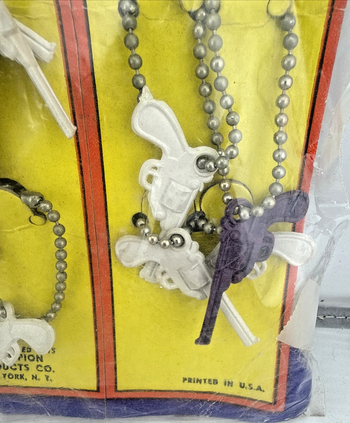 Vtg Lucky Charm Key Chain Plastic White Brown Pistol Guns Original Display of 24
