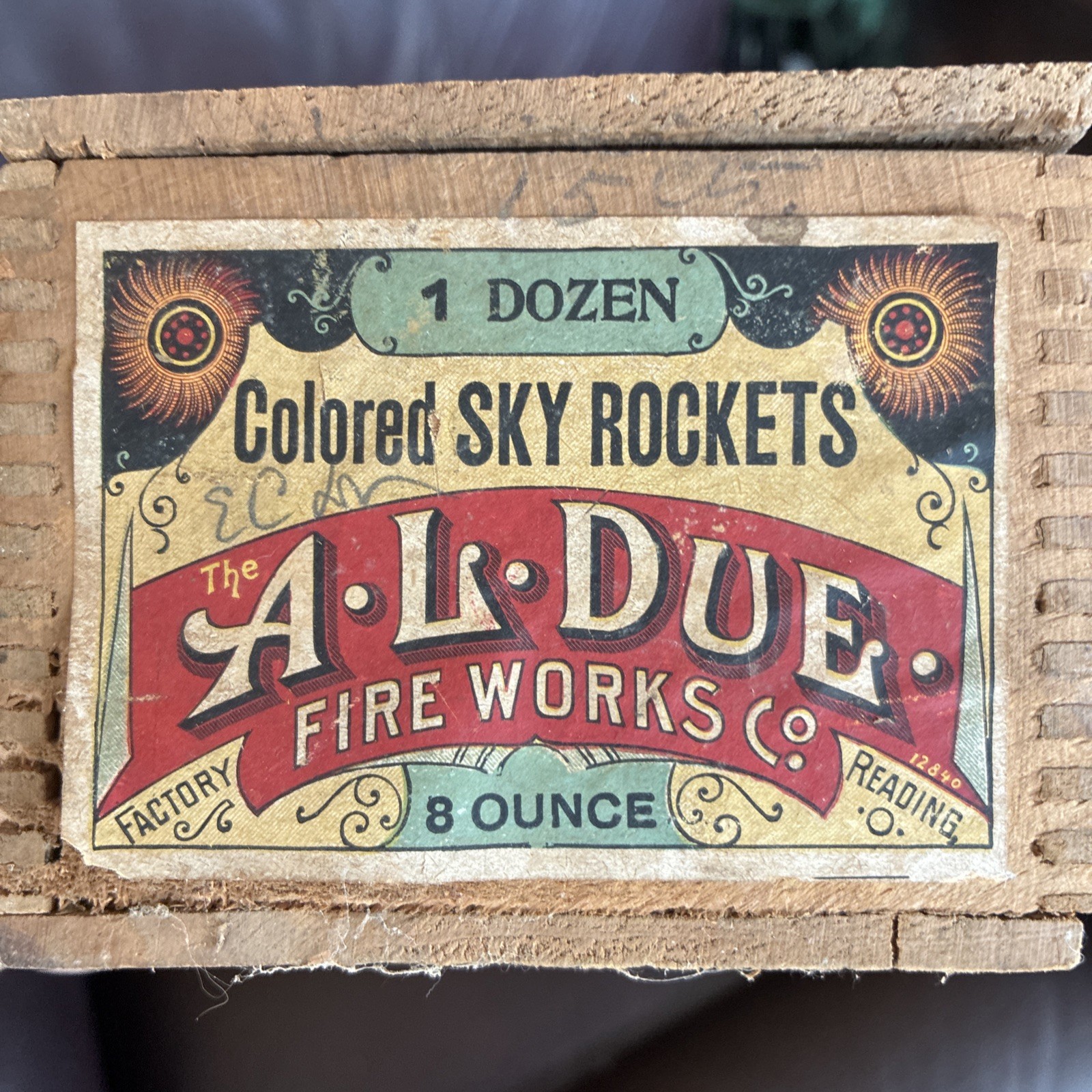 1930’ 40’s A.L DUE Fire Works Sky Rockets EMPTY BOX Wooden Crate Wood Display