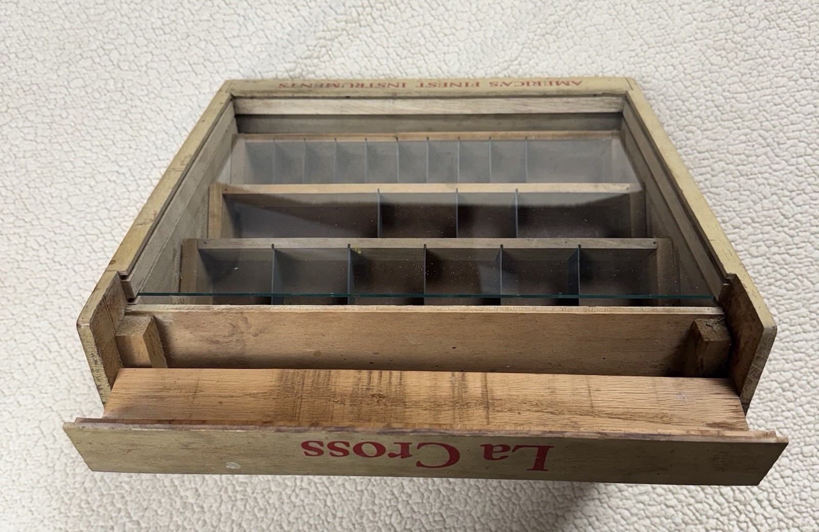 Vintage La Cross Wood Glass Display Case Box Storage Files Scissors Nippers 12″