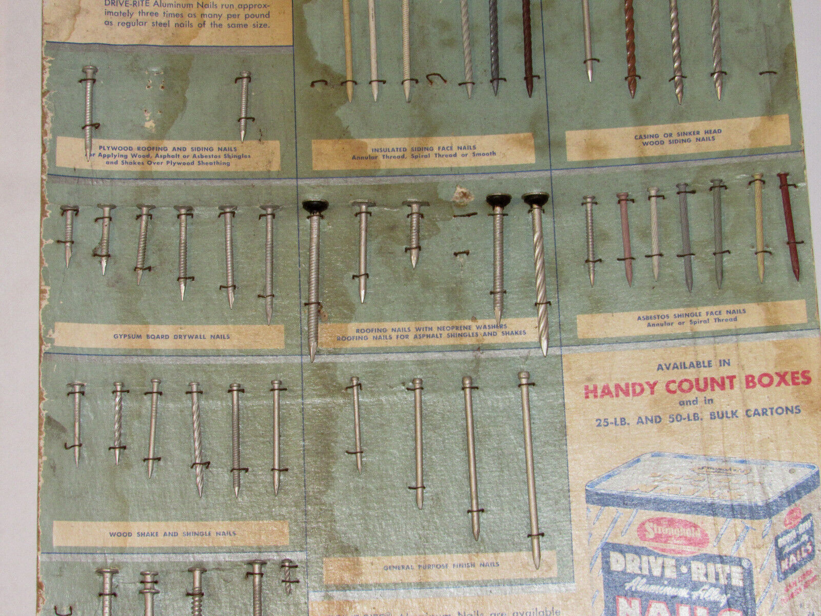 3 VINTAGE HARDWARE STORE NAIL ADVERTISING DISPLAYS! 12×18″ ALUMINUM/MASONRY/ROOF