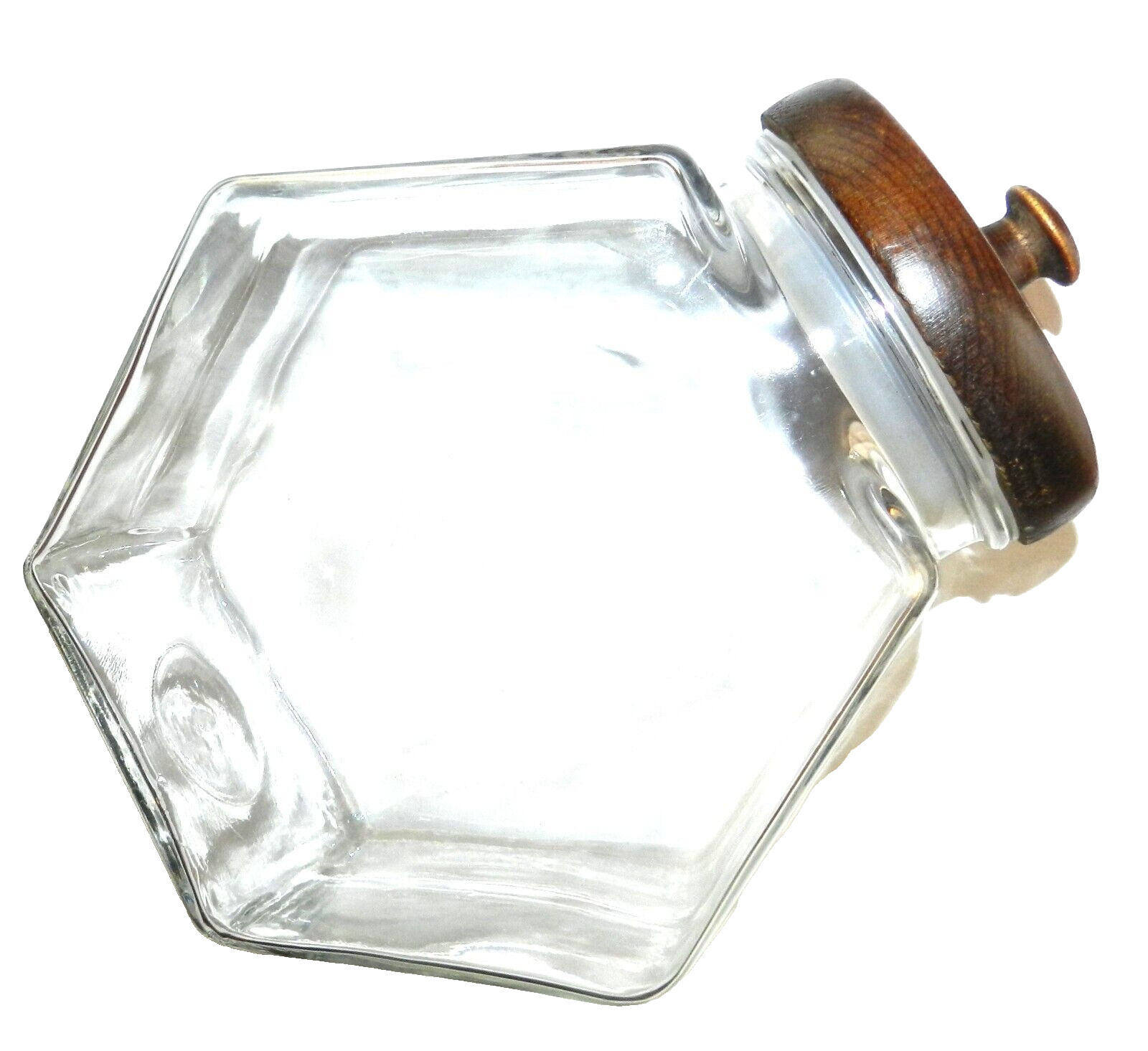 Vtg Hexagonal Clear Glass Jar Canister Wood Lid, Store Display, Farmhouse Décor