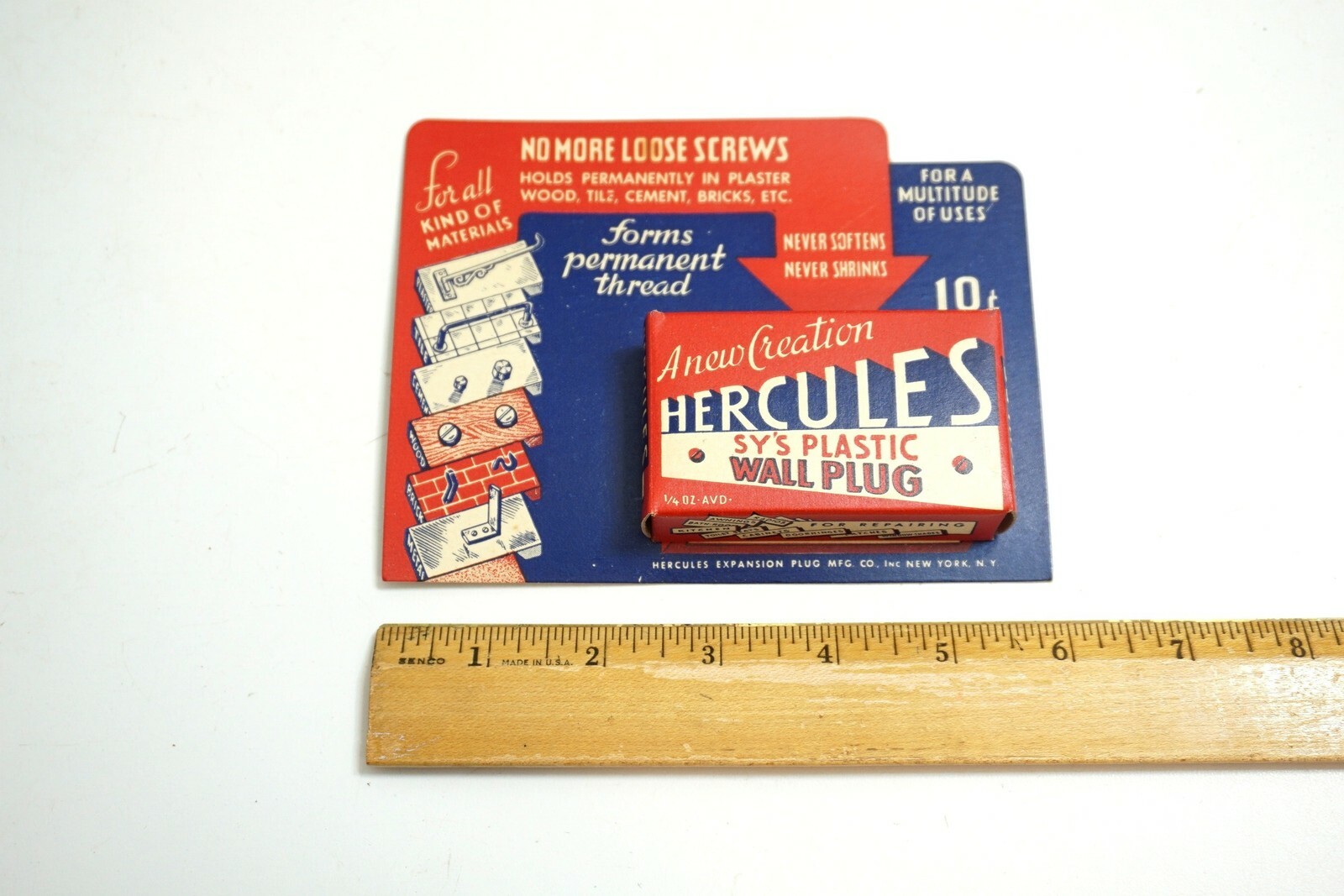 NEW 1940’S HERCULES SY’S PLASTIC WALL PLUG REPAIR KIT MINT ON DISPLAY CARD NOS!!