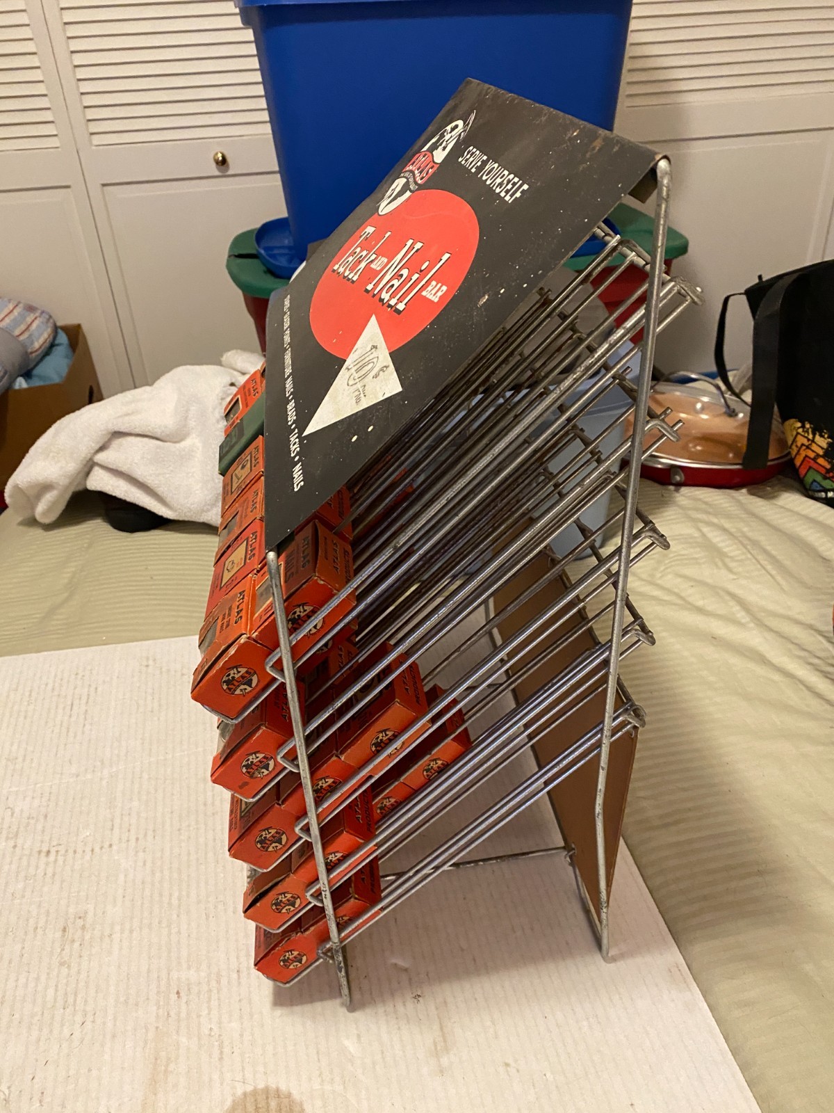 Vintage Atlas Tack and Nail Bar wire rack counter display w/ (65) NOS boxes