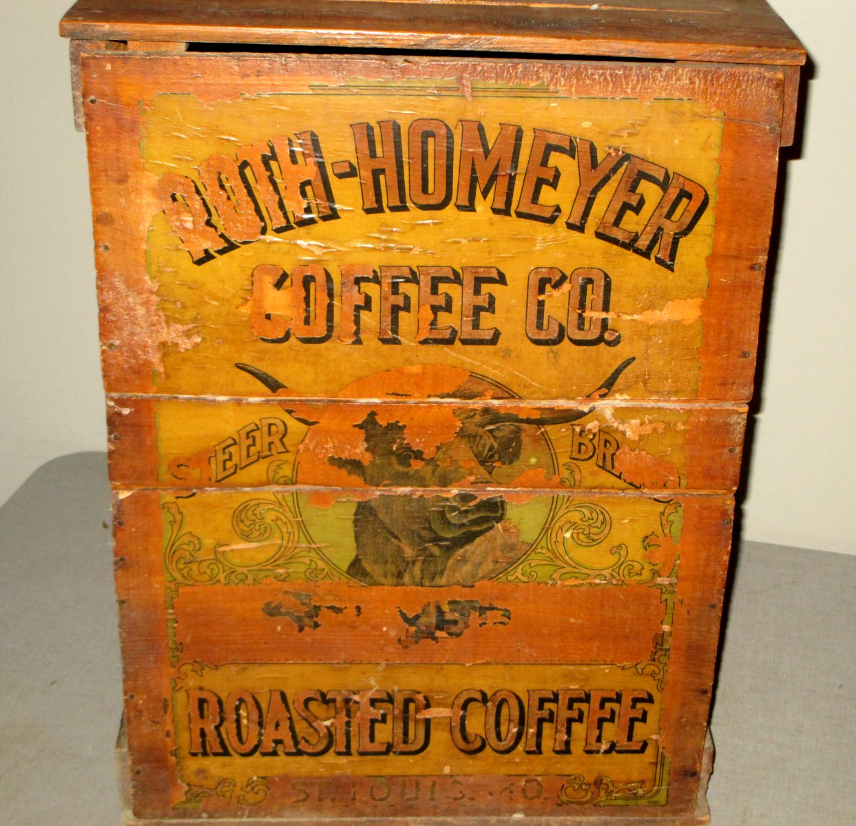 1890 ANTIQUE GENERAL STORE-COFFEE BOX-21″ROTH-HOMEYER-STEER BRAND-ST LOUIS,MO