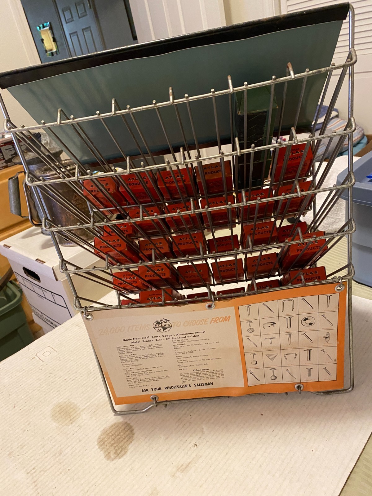 Vintage Atlas Tack and Nail Bar wire rack counter display w/ (65) NOS boxes