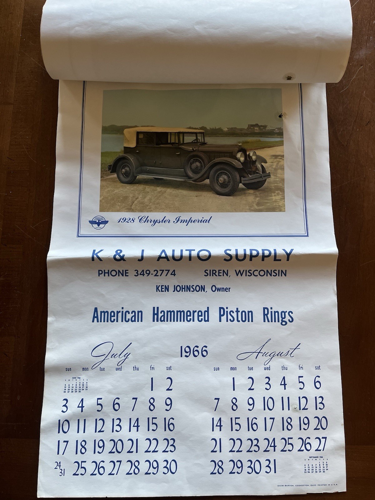 1966 American Hammered Piston Rings Calendar K&J Auto Supply Display Siren WI