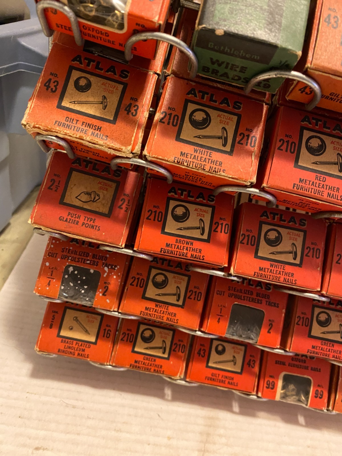Vintage Atlas Tack and Nail Bar wire rack counter display w/ (65) NOS boxes