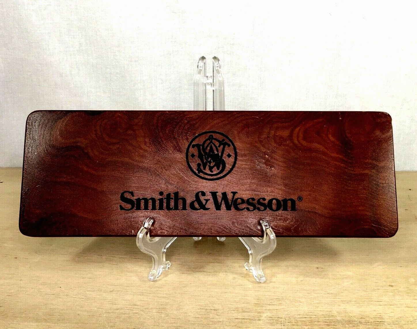 Smith & Wesson Wood Sign Brown Engraved Solid Plaque Original Store Display SW