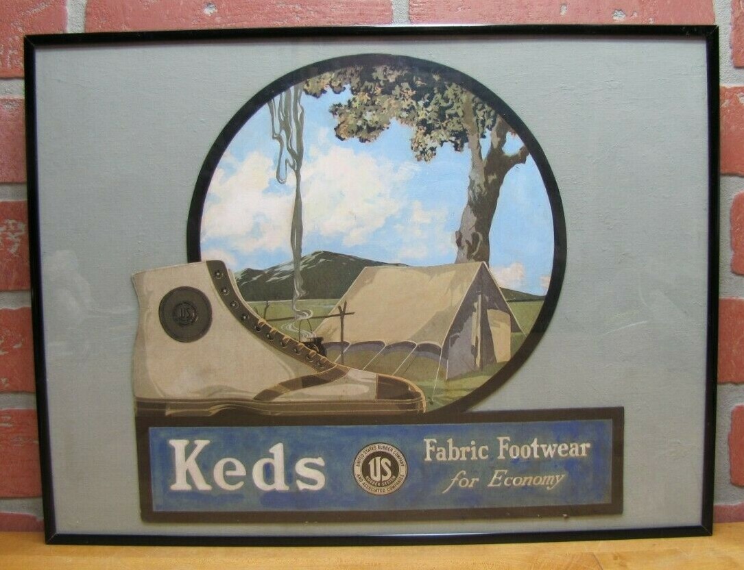 KEDS SNEAKERS FABRIC FOOTWEAR Old Store Display Ad Sign UNITED STATES RUBBER Co
