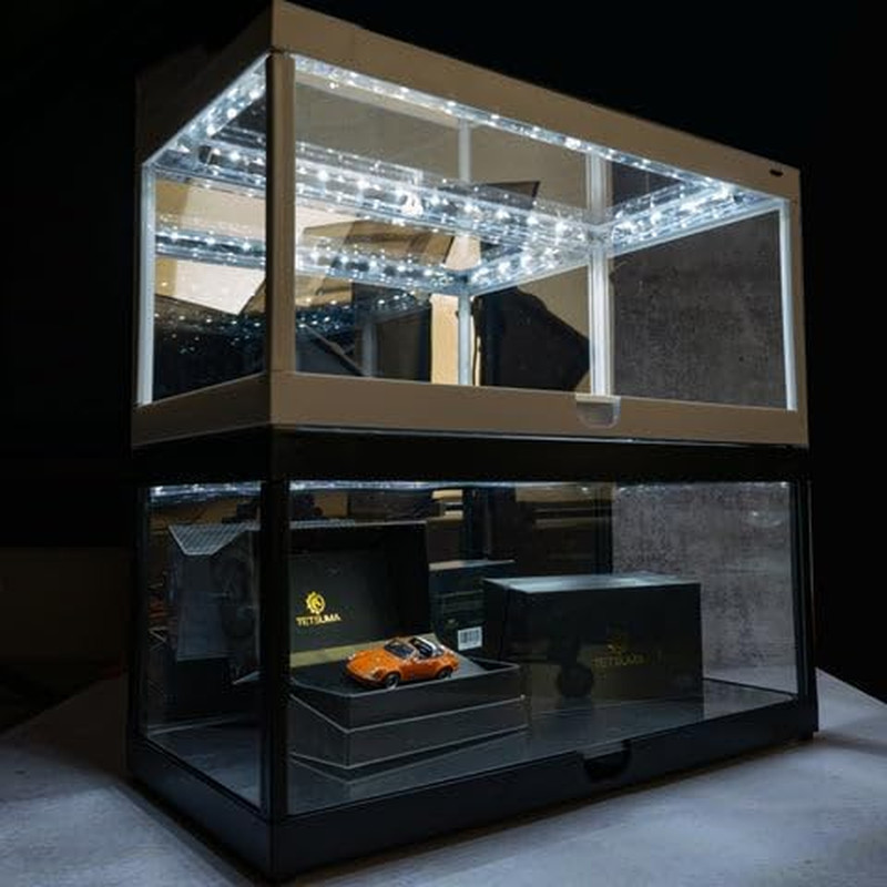 White Display Show Case with LED Lights Mirror for Scale Models