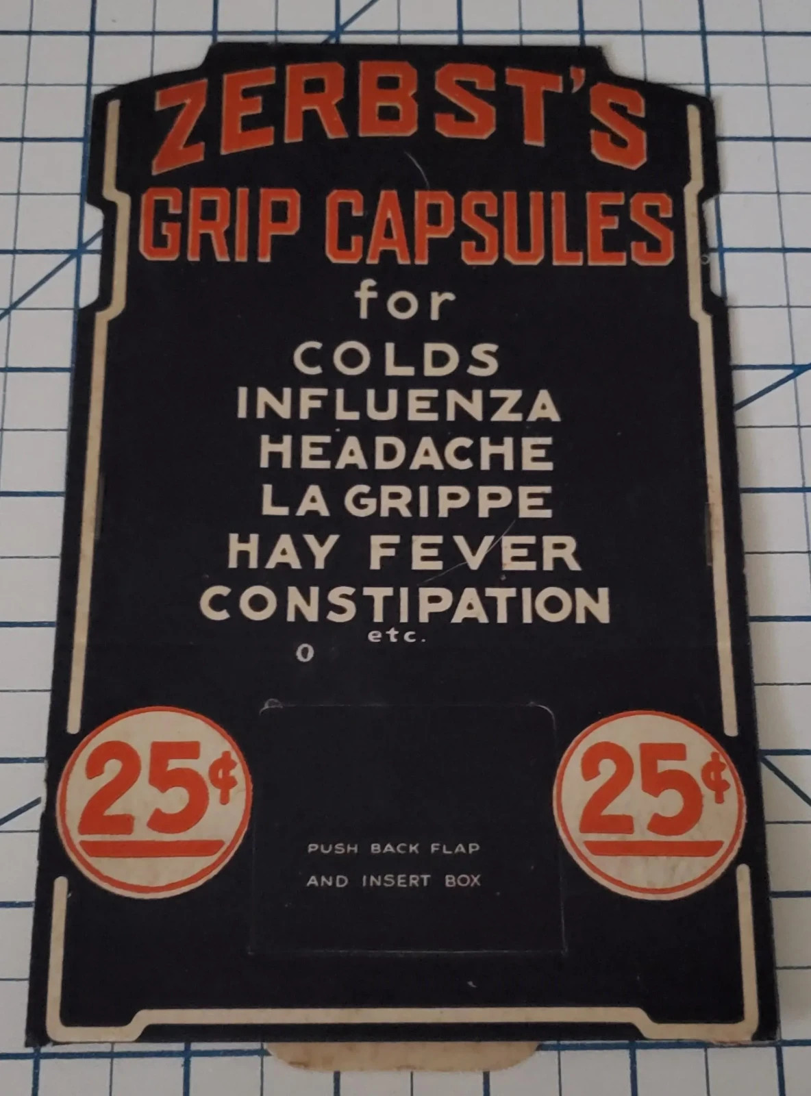 1920s ZERBST’S GRIP CAPSULES For Colds Cardboard Stand-Up Sign Display Standup