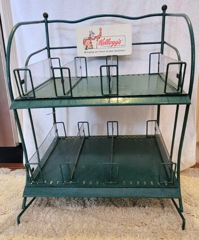 VTG ORG Kellogg’s Cereal Store Display Rack Green Metal Countertop Stand Retro