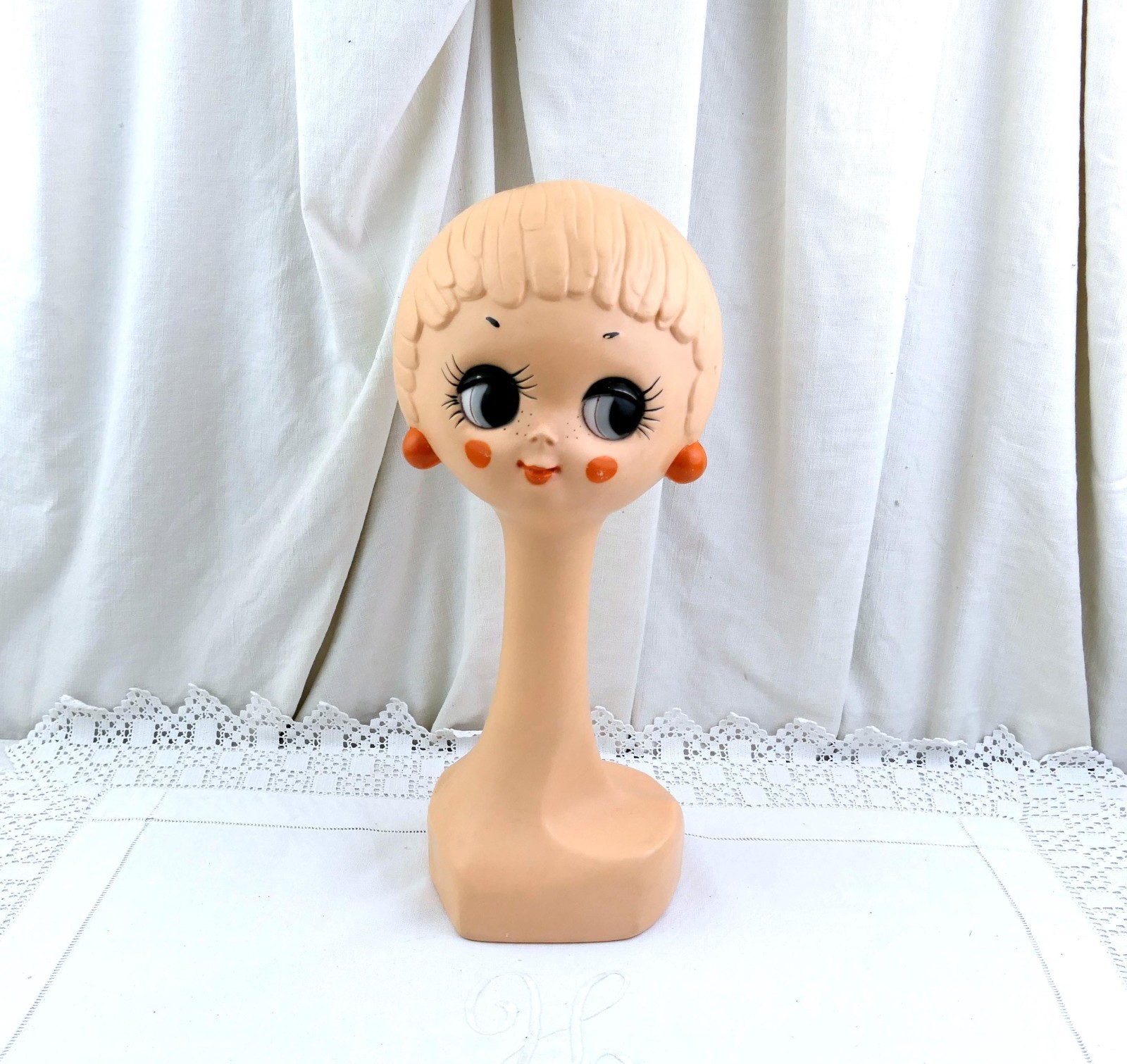 Vintage French 1960s Twiggy Head Shop Display, Retro Mid Century Hat Stand