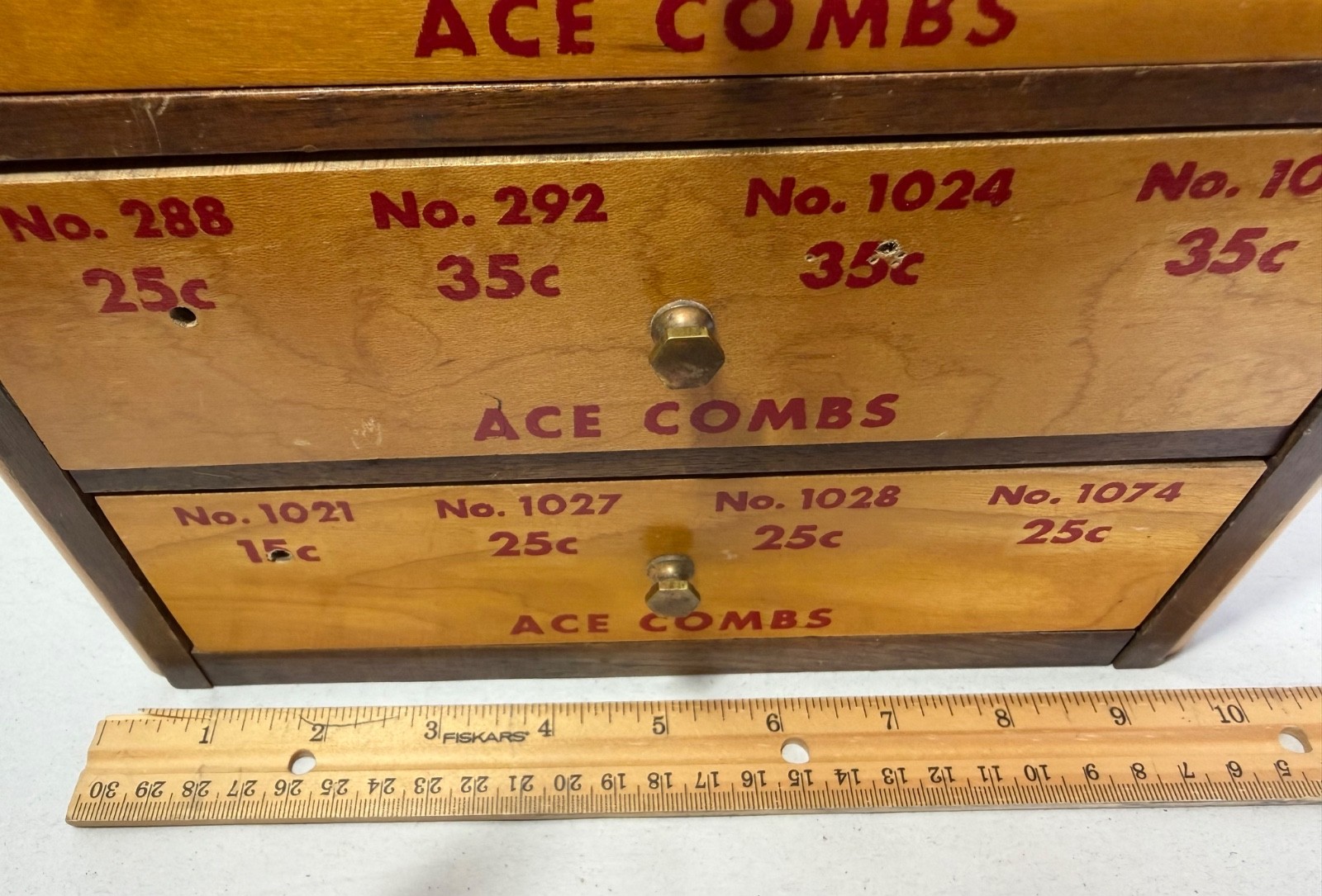 Antique Wooden ACE Combs Store Display Cabinet 4-Drawer, 2 Glass Sides Beautiful