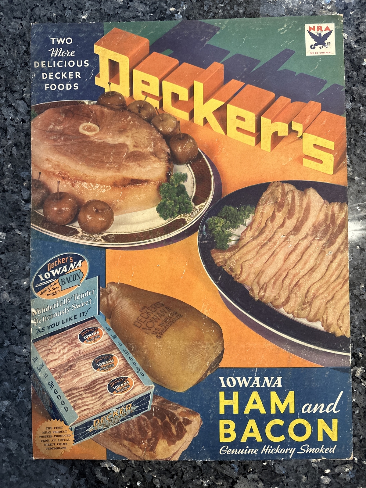 Vintage Decker’s Iowana Ham And Bacon Sign NRA Rare Antique Store Display Sign