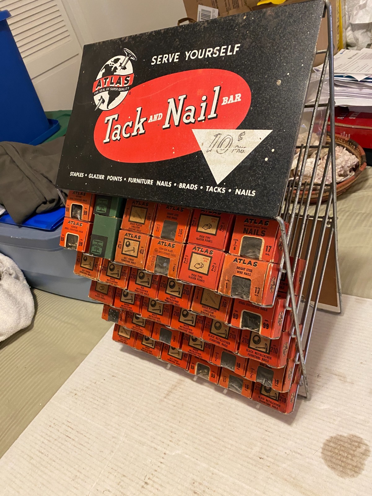 Vintage Atlas Tack and Nail Bar wire rack counter display w/ (65) NOS boxes
