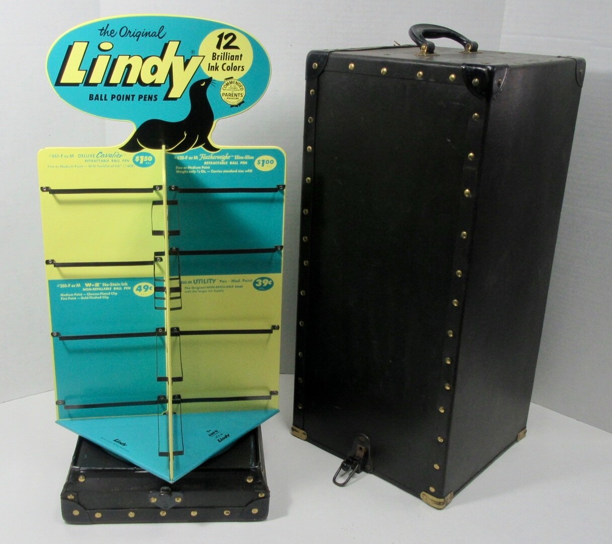 SUPER RARE LINDY BALL POINT PENS STORE DISPLAY CAROUSEL SIGN W/ CASE 22″