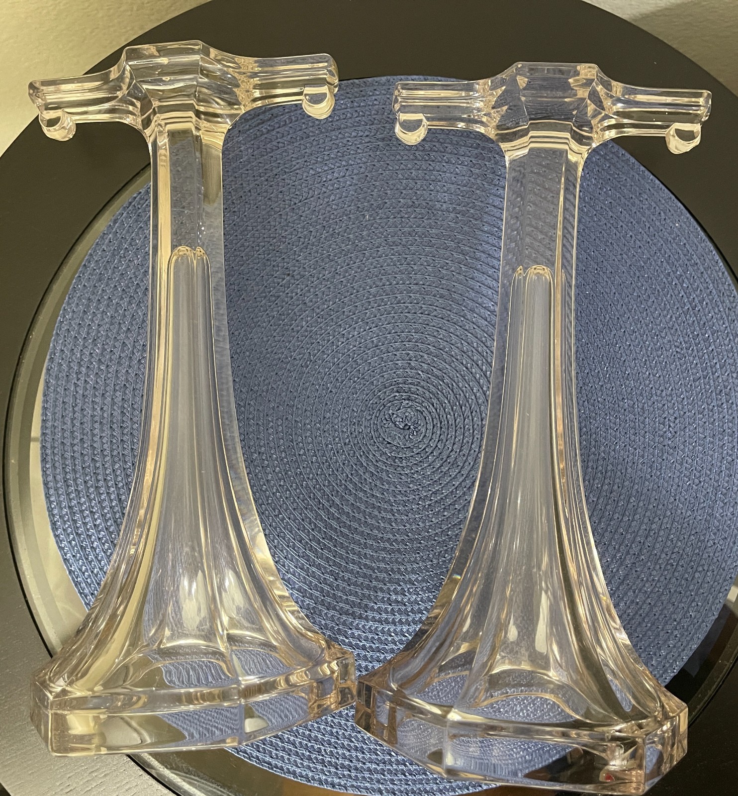 2 Vintage Art Deco Elegant Glass Shelf Risers Display Column Stands 12 1/4″ H