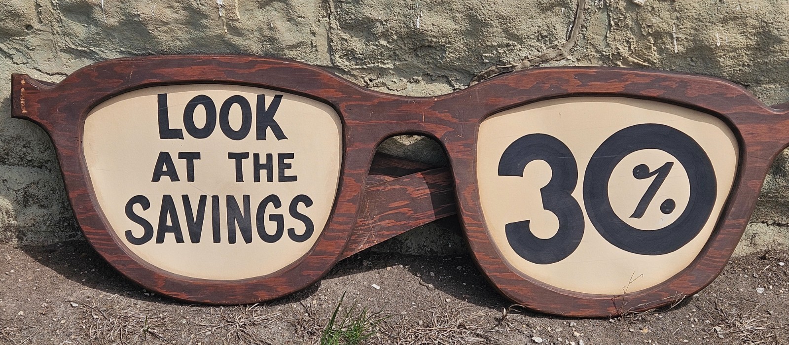 Vintage 48″ LOOK AT THE SAVINGS Oversized Wooden Eyeglasses Store Display Sign