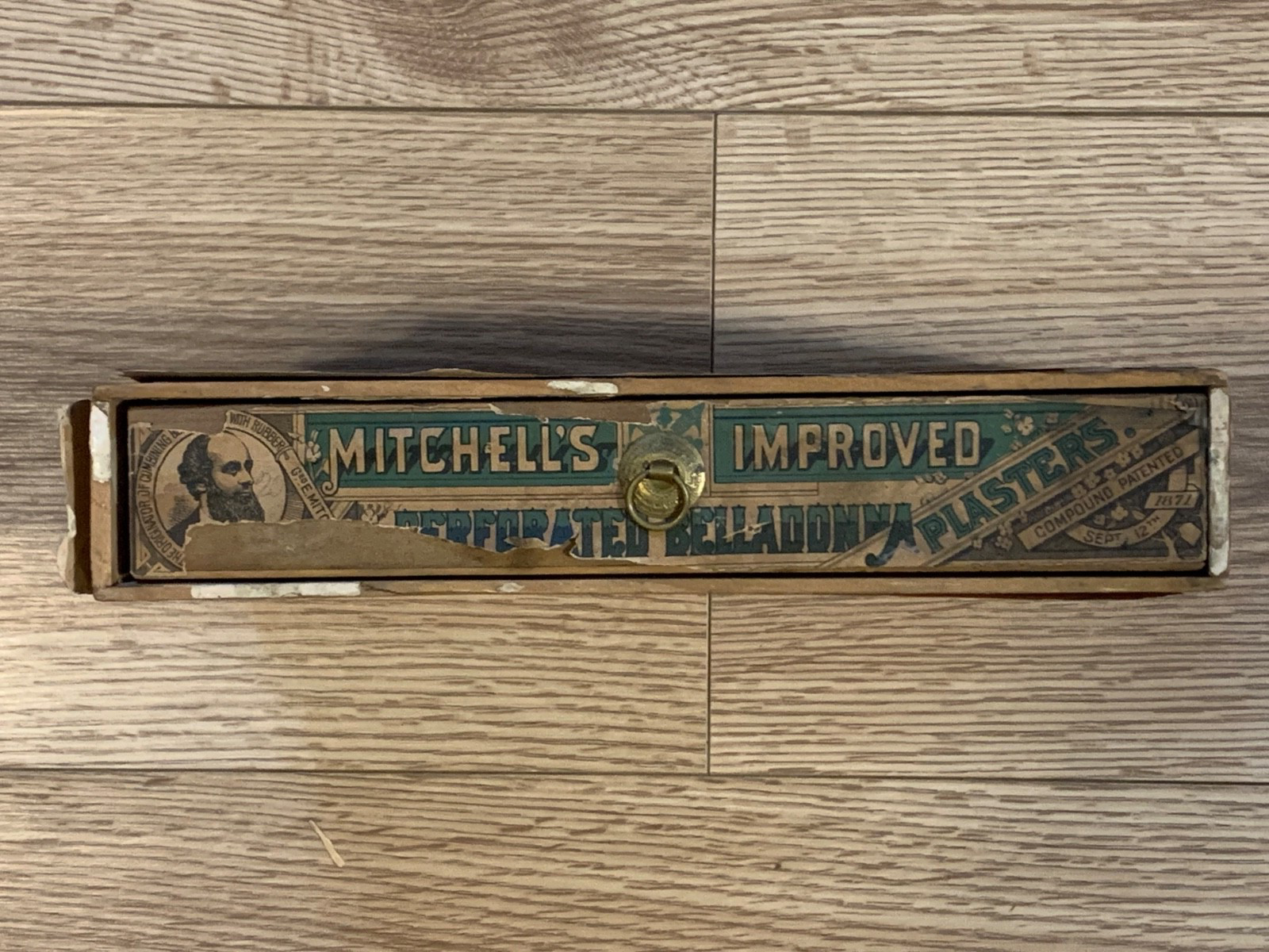 Late 1800s Mitchell’s Perforated Plaster Wood Advertising Drawer Box Drugstore