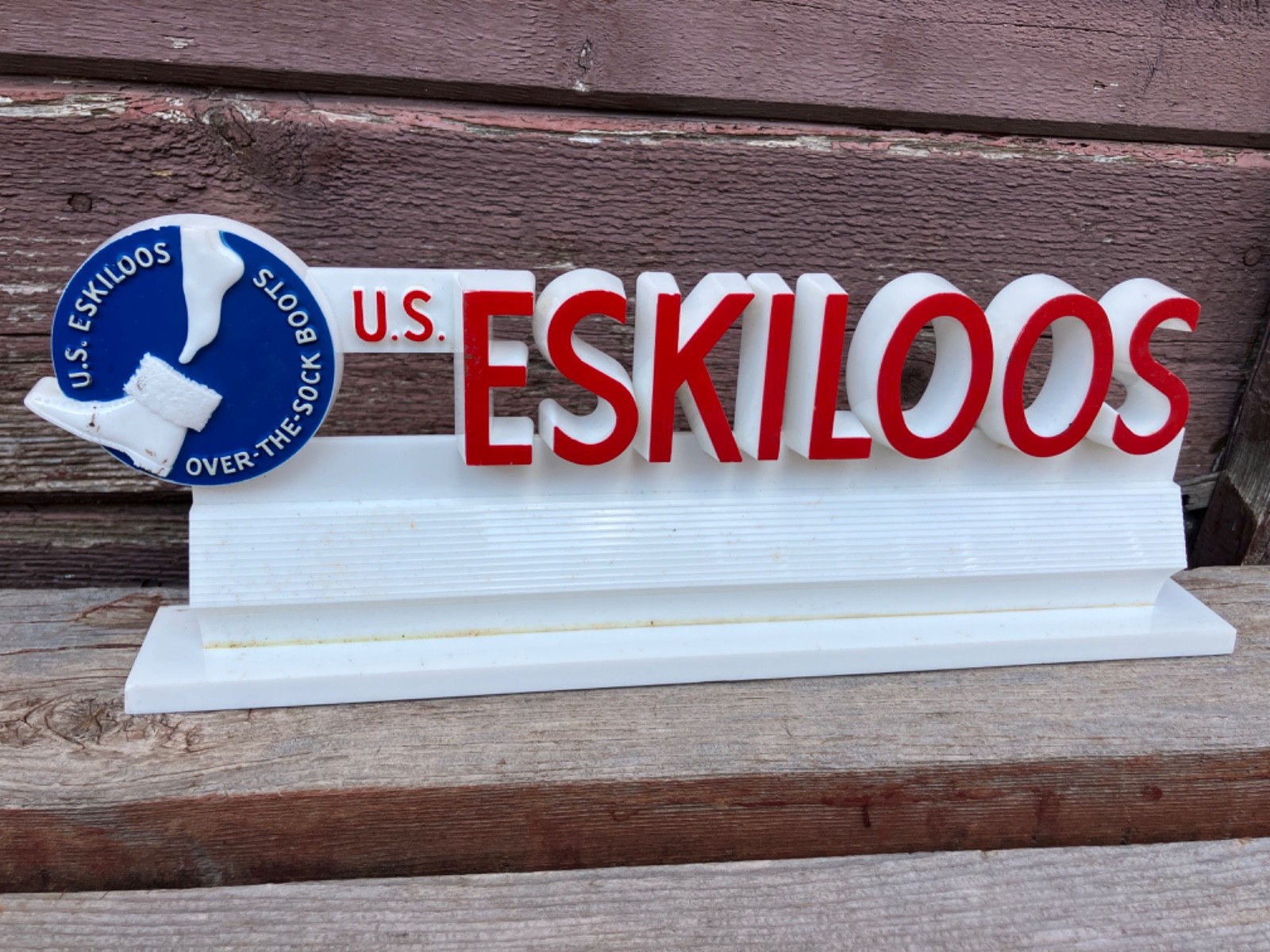 VTG ESKILOOS BOOTS SHOES CLOTHING COUNTER TOP SHELF SIGN KIRBY STORE DISPLAY