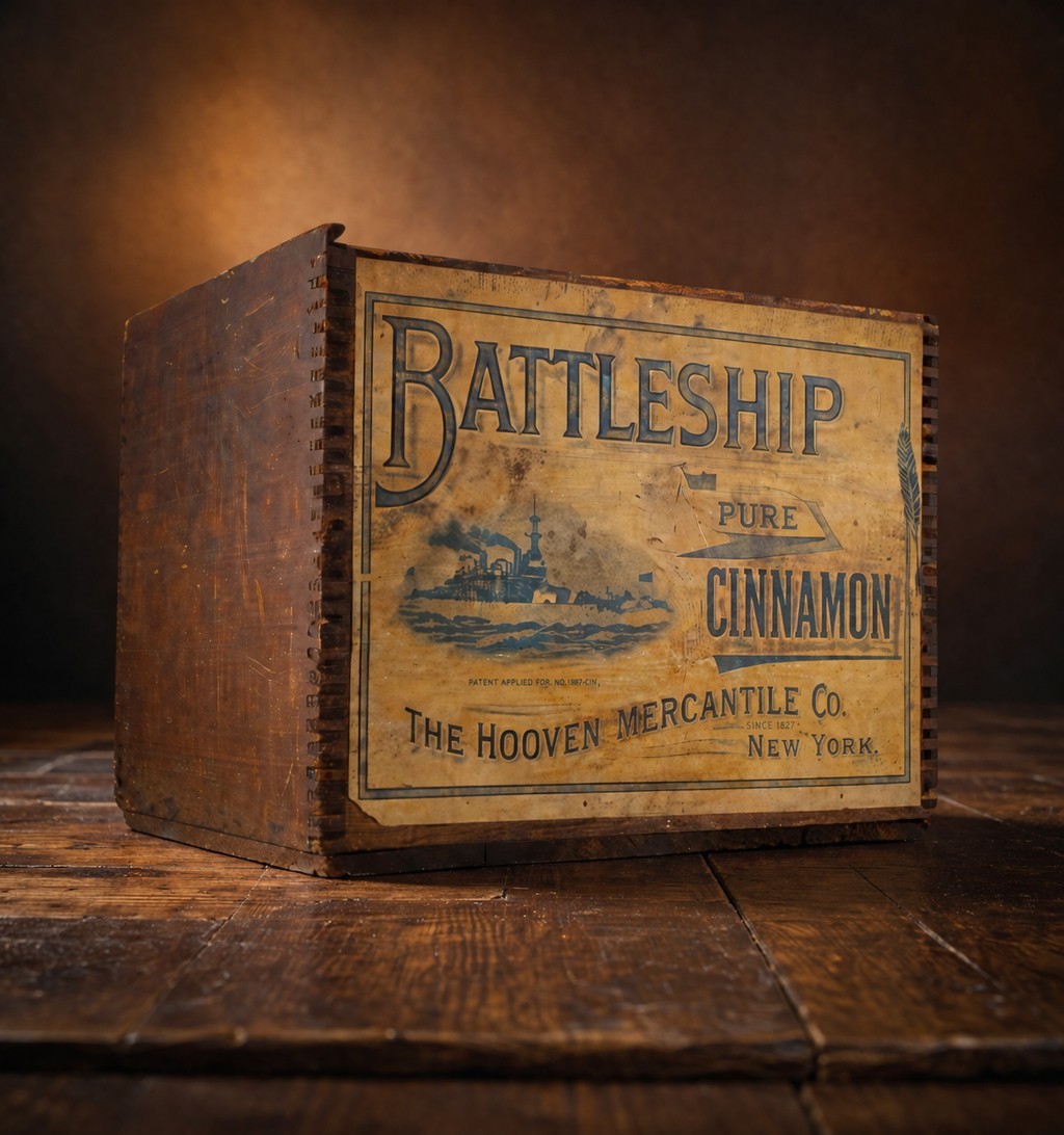 🇺🇸 1900 ANTIQUE HOOVEN MERCANTILE CO NEW YORK WOODEN BOX CRATE BATTLESHIP WW1