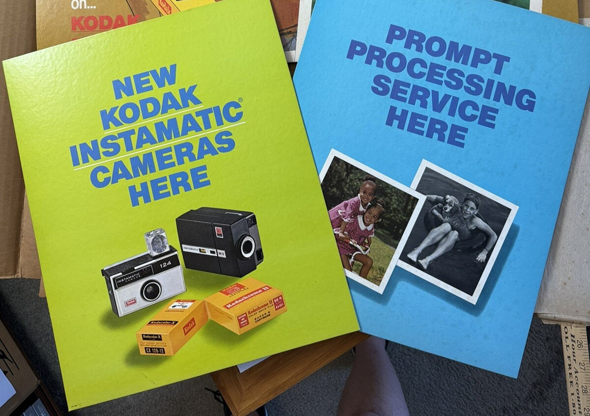 2 VTG 1969 Kodak Film Camera Store Counter Display Advertising Signs – New, READ